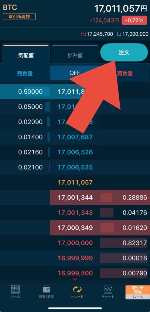 GMOコインアプリ 取引所現物 板取引画面